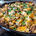 Close-up view of a cheesy beef and potato skillet, showing melted cheese and diced potatoes.