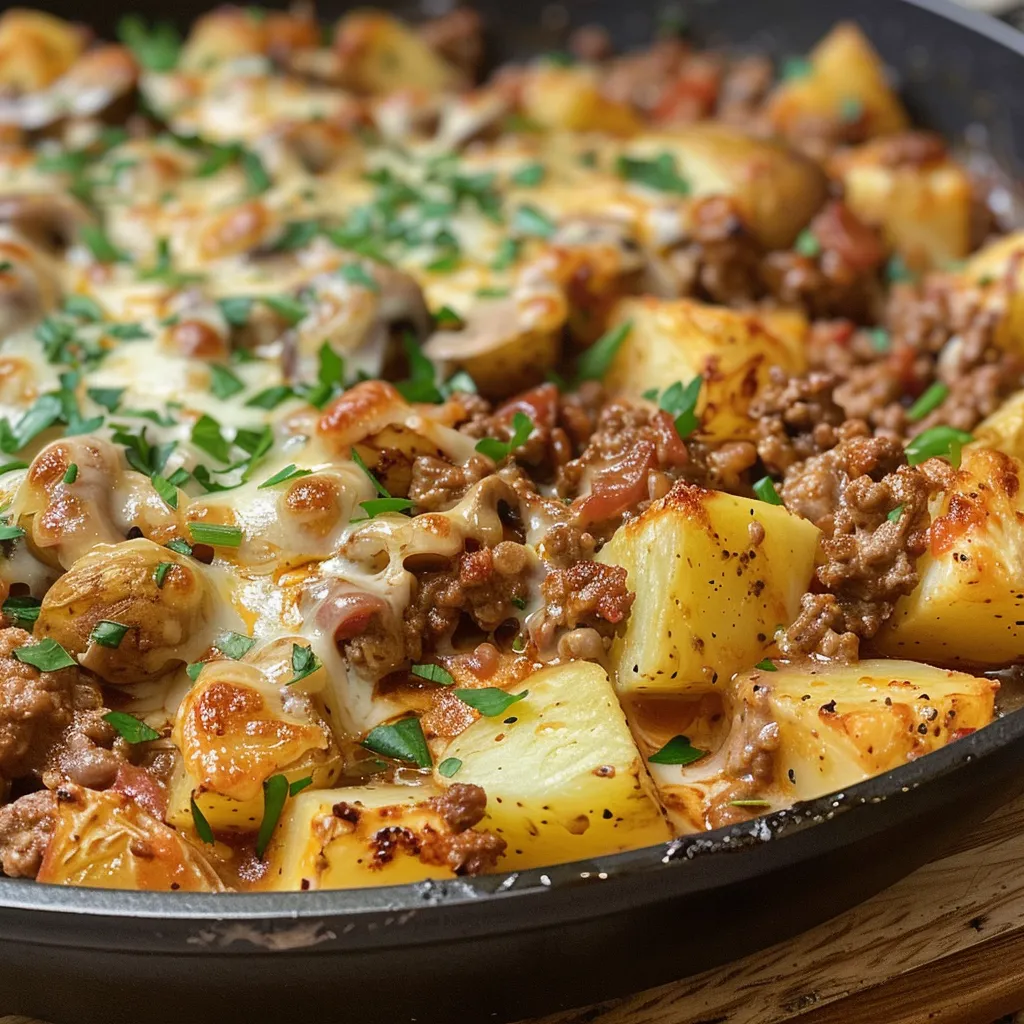Side view of a one-pan cheesy ground beef dish with golden potatoes and bubbling cheese.