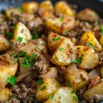 Close-up view of a One-Pan Ground Beef and Potato Dinner, showcasing diced potatoes and ground beef.