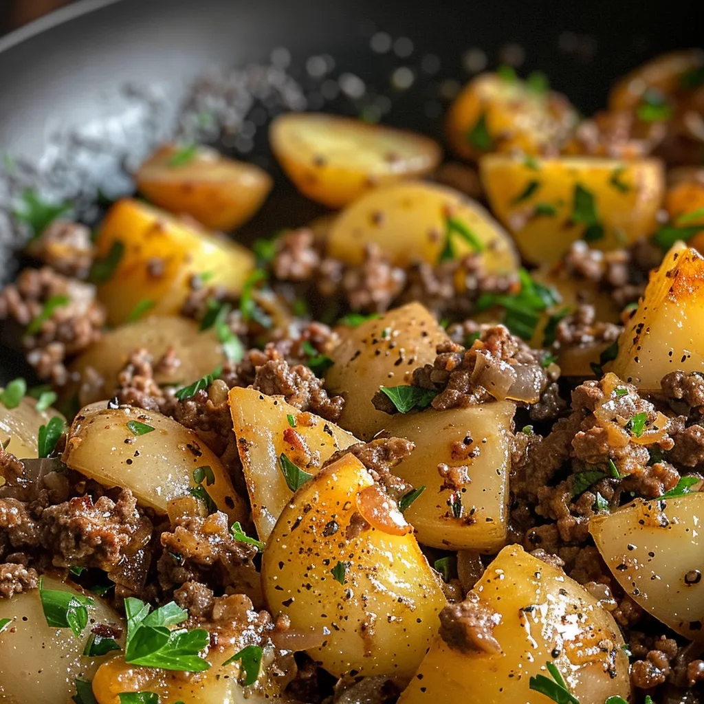 Juicy ground beef and golden potatoes in a skillet, garnished with parsley.