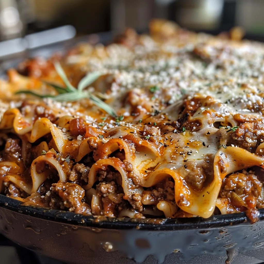 Juicy One Pan Lasagna Hamburger Helper garnished with melted cheese.
