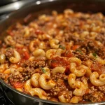 Close-up view of a bowl of One Pot Beefaroni with melted cheese on top.