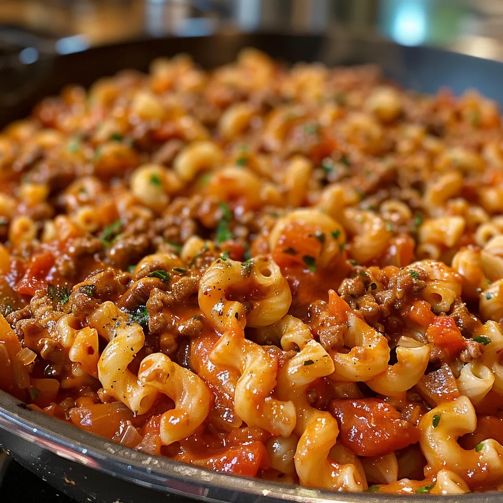 Side view of a hearty serving of One Pot Beefaroni featuring ground beef and pasta.