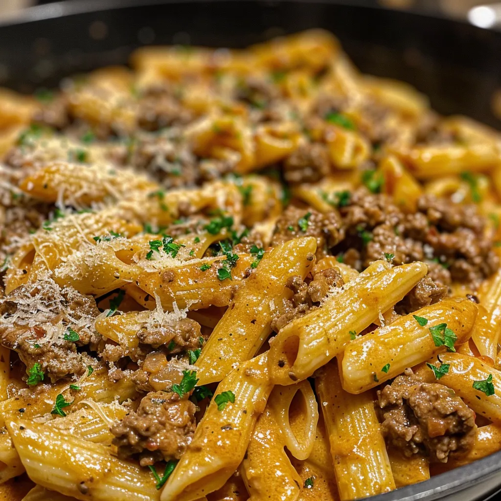Juicy One-Pot Creamy Beef Pasta in a bowl, garnished with parsley.