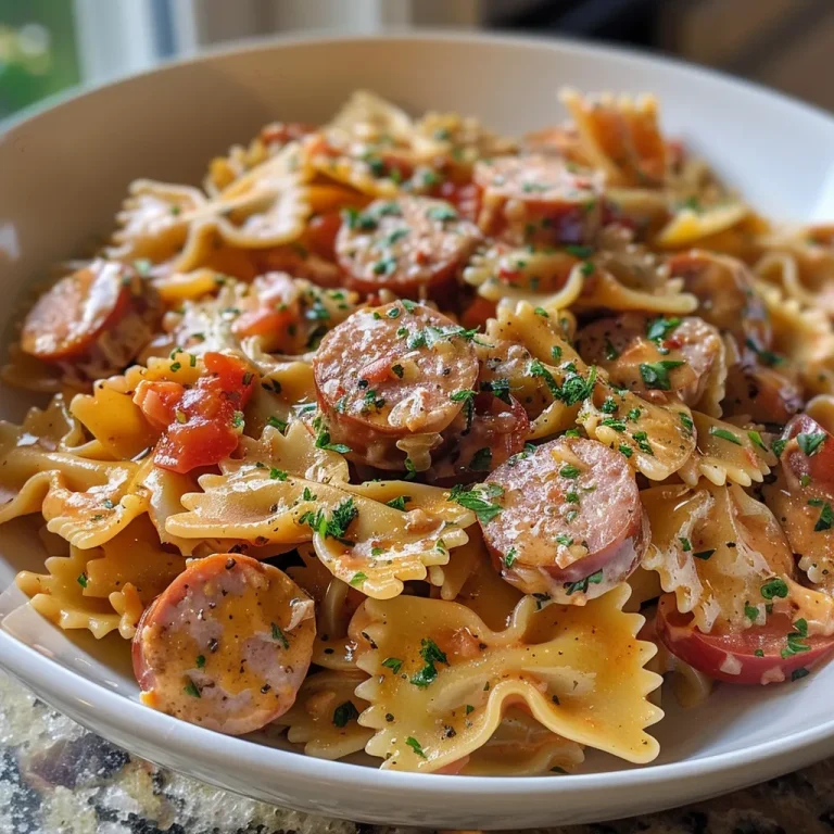 One-Pot Creamy Cajun Sausage Pasta: A Flavorful Journey to Your Dinner Table Close-up view of creamy Cajun sausage pasta in a bowl, garnished with parsley.