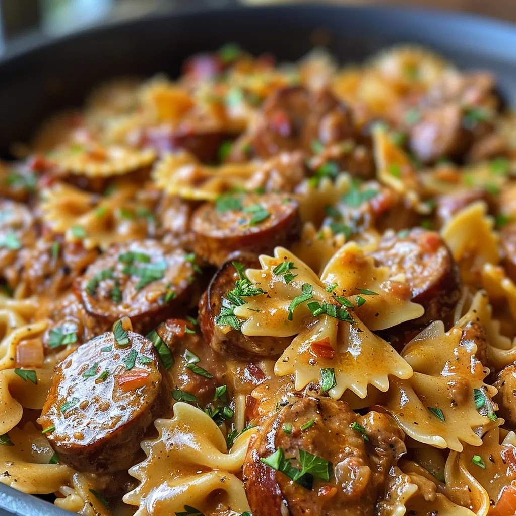 Side view of a vibrant plate of one-pot Cajun sausage pasta with colorful ingredients.