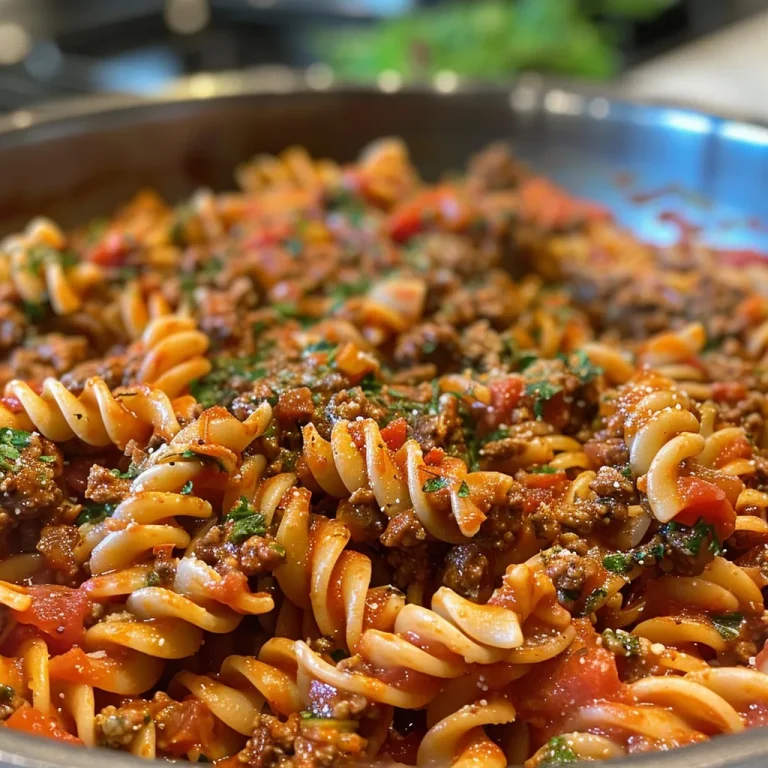 Close-up of a bowl of One Pot Ground Beef Pasta topped with melted cheese.