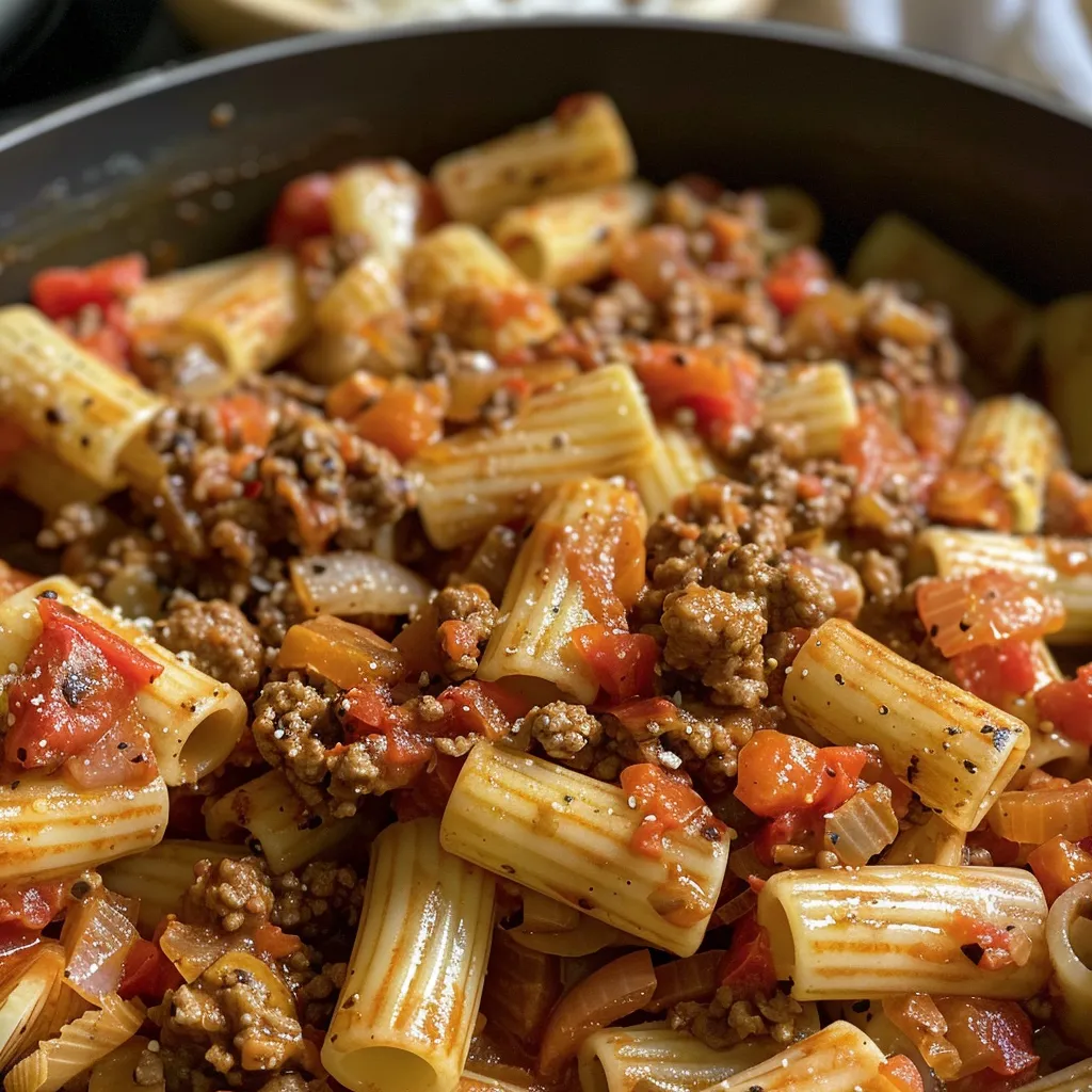 Juicy One Pot Ground Beef Pasta in a deep dish, showcasing pasta and ground beef.