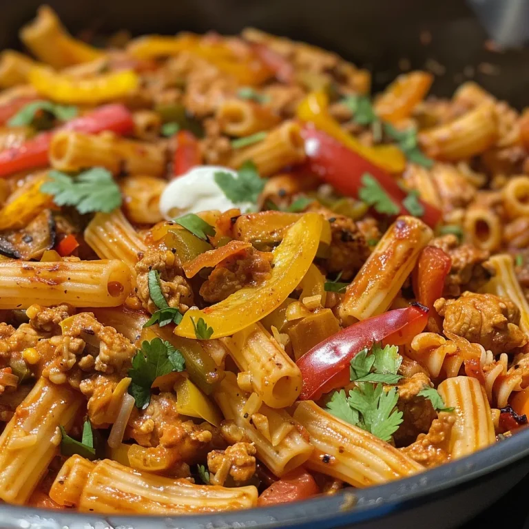 Close-up view of a delicious One Pot Ground Chicken Fajita Pasta topped with melted cheese and cilantro.