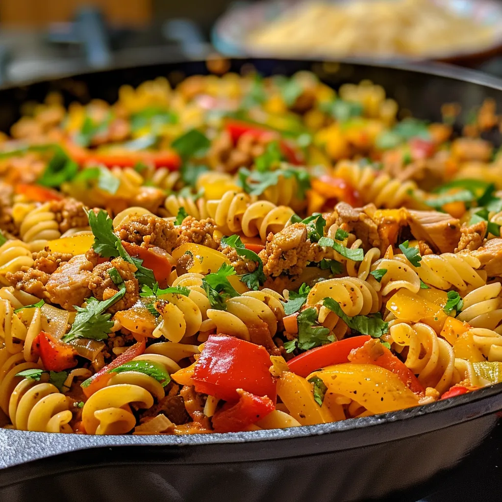 A vibrant bowl of One Pot Ground Chicken Fajita Pasta showcasing colorful bell peppers and creamy sauce.