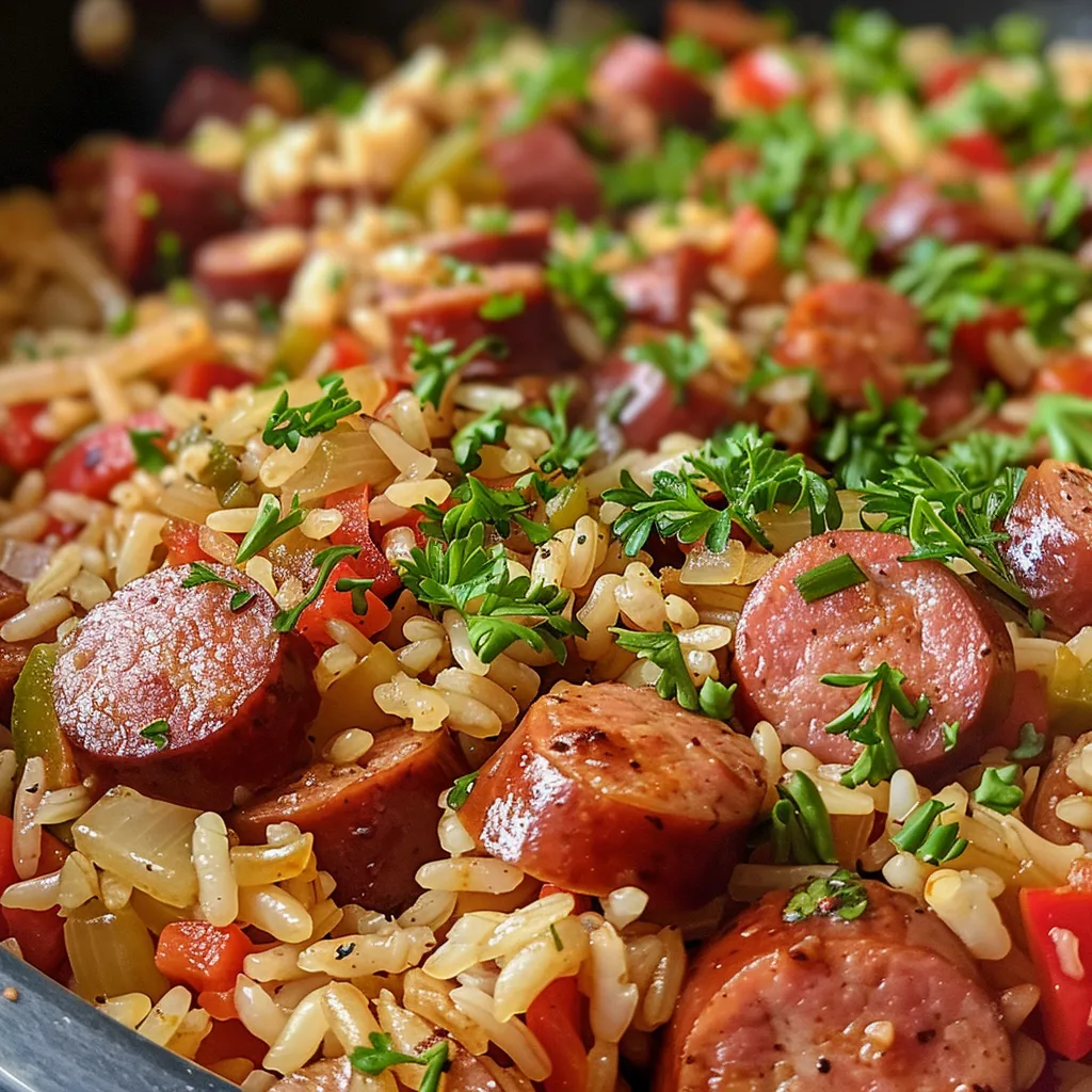 Side view of a delicious bowl of One Pot Smoked Sausage and Rice, showcasing colorful ingredients.