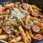 Close-up view of a creamy One-Pot Smoked Sausage Pasta dish with herbs.