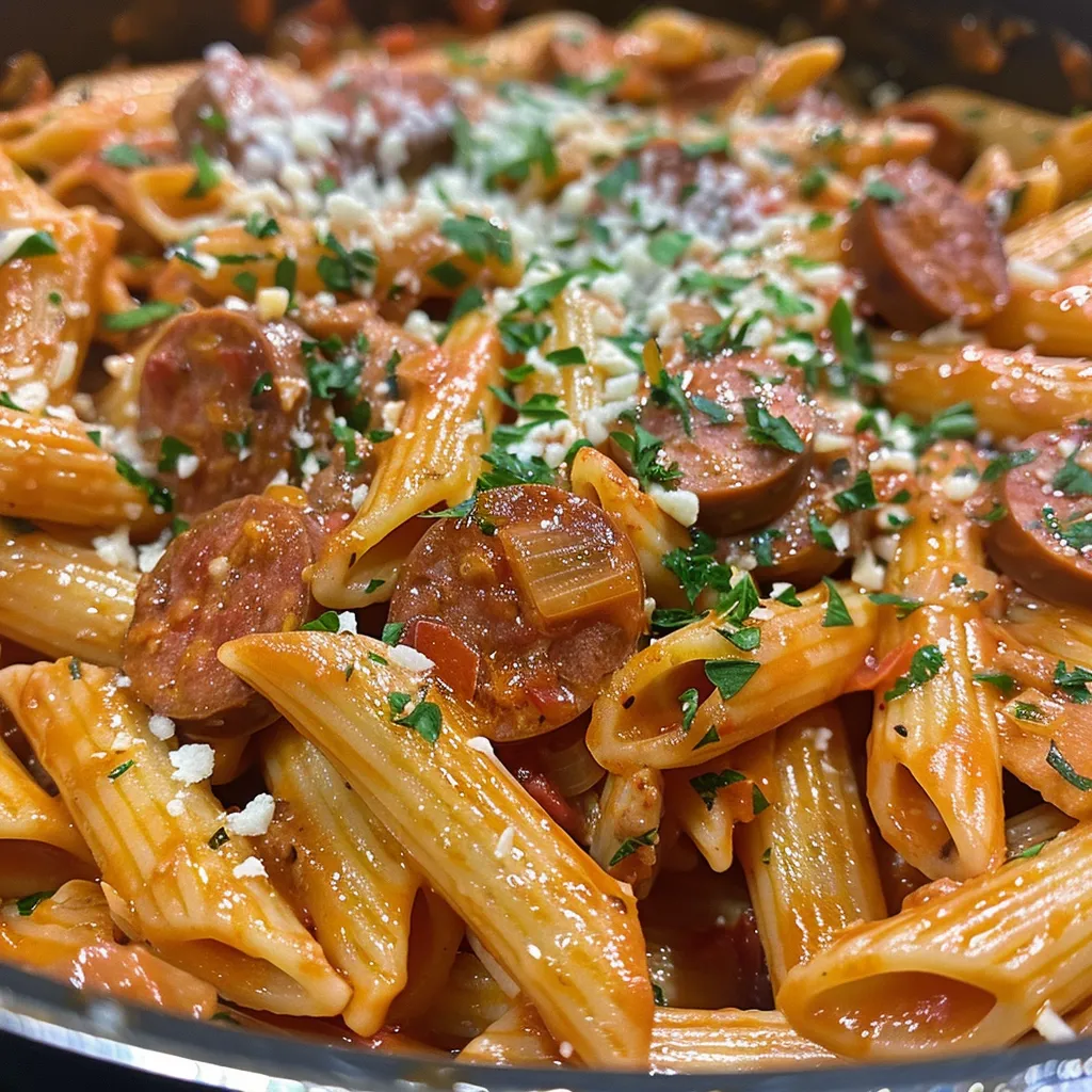 Side angle of a plate filled with colorful One-Pot Smoked Sausage Pasta garnished with parsley.