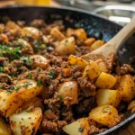 Close-up view of a hearty dish featuring ground beef and diced potatoes.