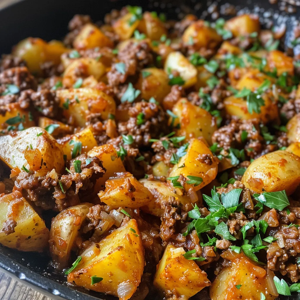 Side perspective of a cooked meal showcasing ground beef topped with melted cheese and potatoes.