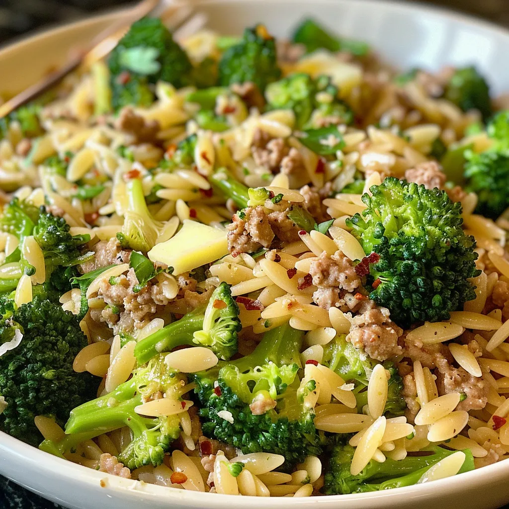 Juicy ground turkey orzo dish garnished with shredded parmesan and red pepper flakes.