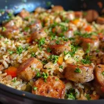 Close-up view of a hearty sausage and rice dish served in a bowl.