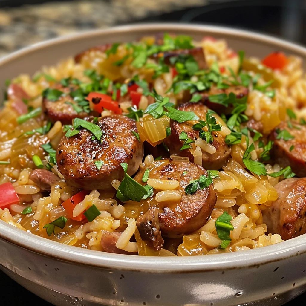 Side view of delicious sausage and rice with colorful bell peppers.