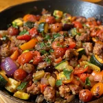 Close-up of a colorful sausage and vegetable skillet, featuring sliced zucchini, cherry tomatoes, and diced bell pepper.