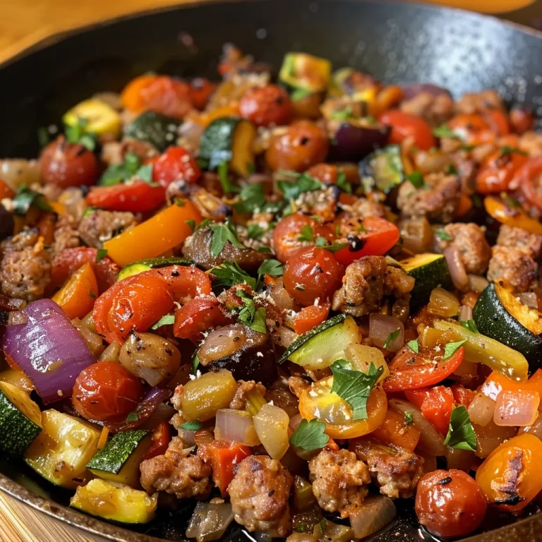 Close-up of a colorful sausage and vegetable skillet, featuring sliced zucchini, cherry tomatoes, and diced bell pepper.
