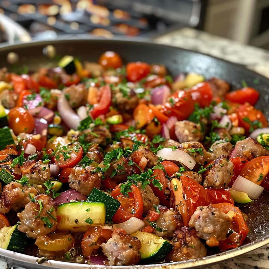 Side view of a hot sausage and vegetable skillet, showcasing juicy ground sausage and fresh vegetables.
