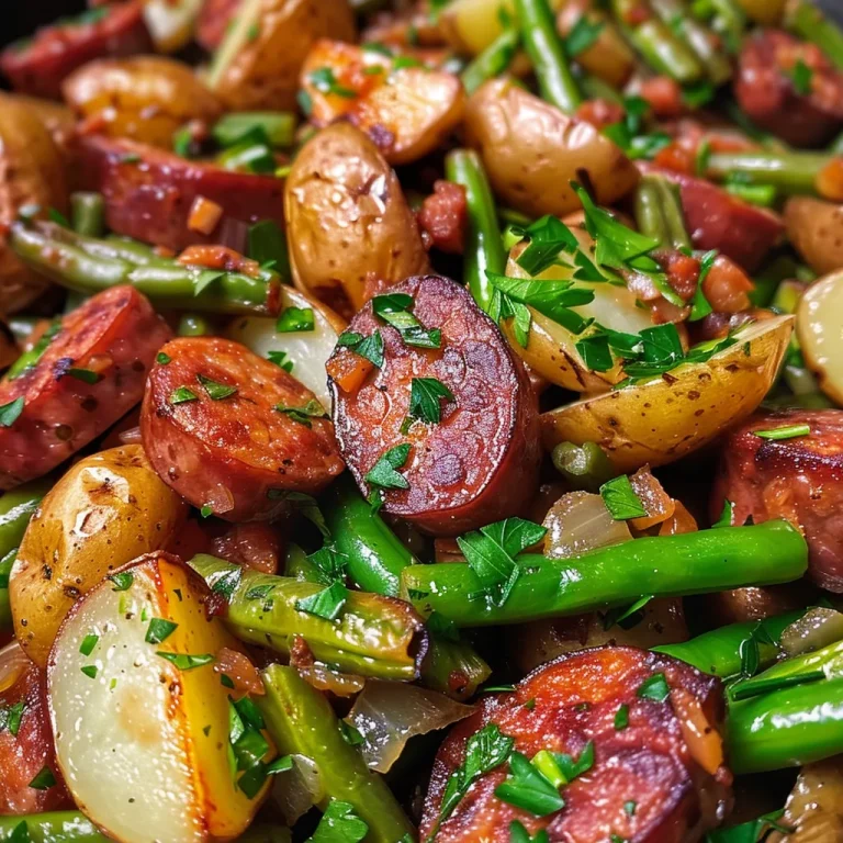 Close-up of sautéed potatoes, green beans, and smoked sausage on a plate.
