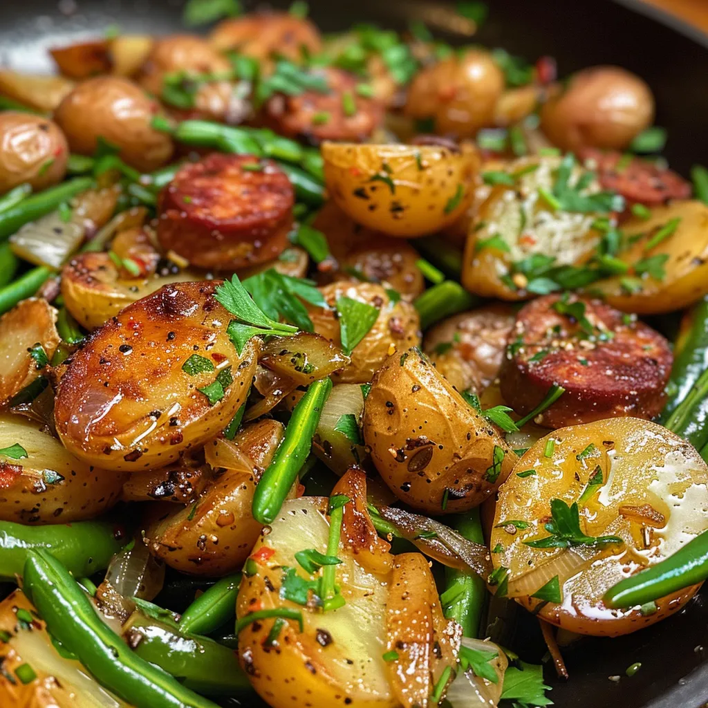 Side view of vibrant sautéed potatoes mixed with green beans and sausage slices.