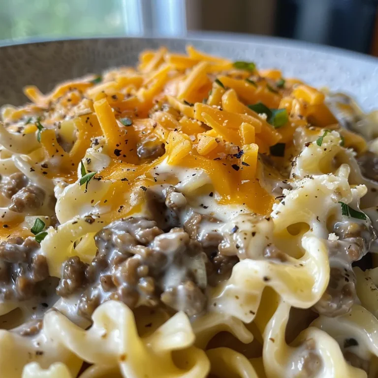 Close-up side view of a creamy noodle casserole topped with melted cheese.