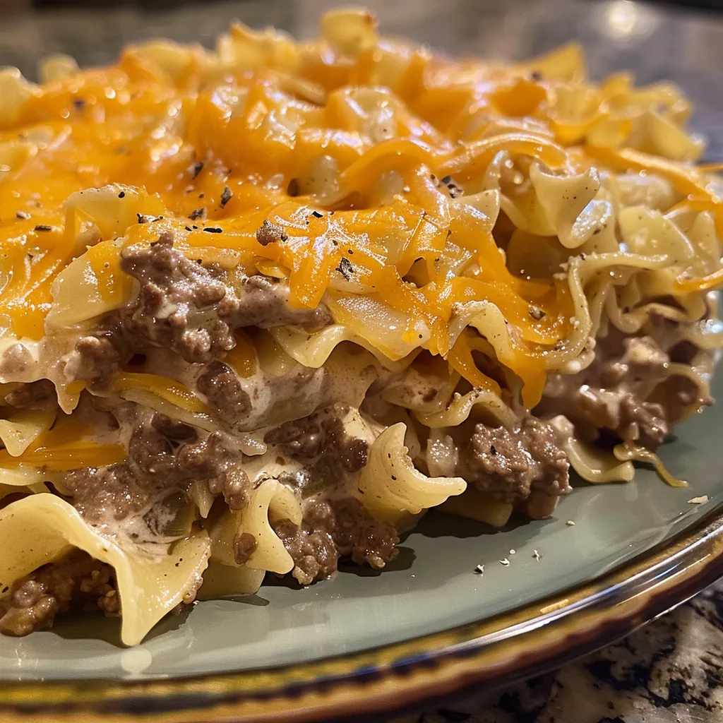 Juicy Sour Cream Beef Noodle Casserole with layers of noodles and beef, garnished with cheese.