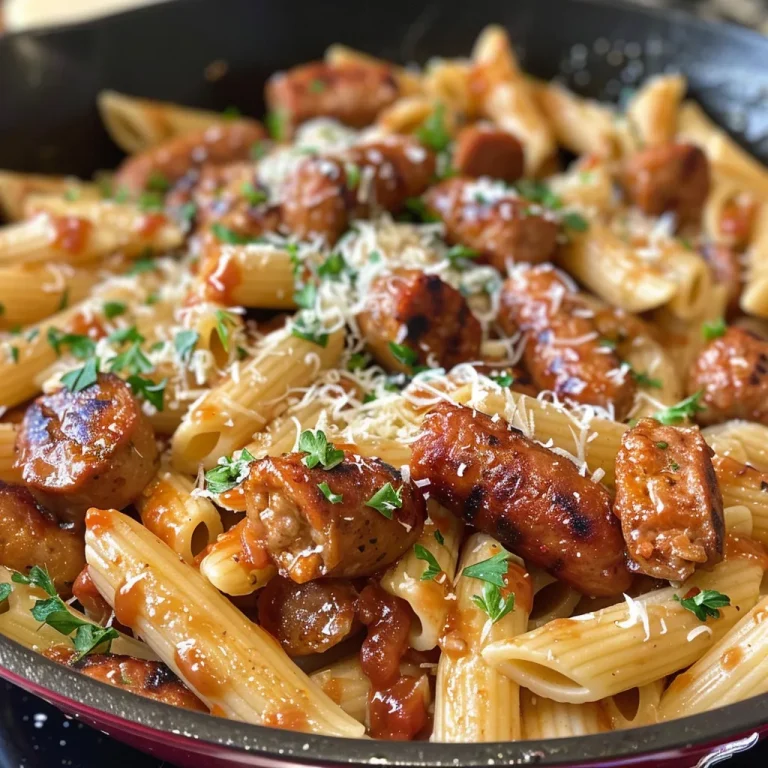 A close-up side view of a skillet filled with sticky honey garlic sausage pasta, showcasing the shiny sauce and garnished with parsley.