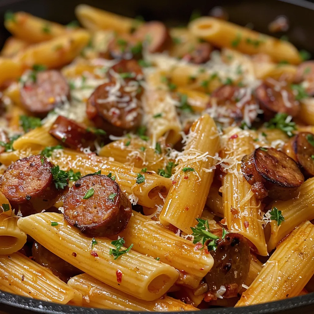 Delicious sausage pasta in a skillet, with visible chunks of sausage and pasta coated in a honey garlic sauce, fresh parsley sprinkled on top.