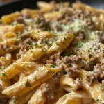 Close-up view of creamy ground beef pasta in a bowl.