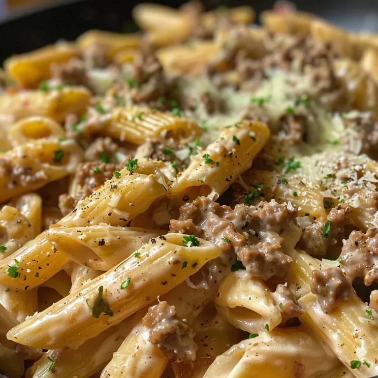 Close-up view of creamy ground beef pasta in a bowl.