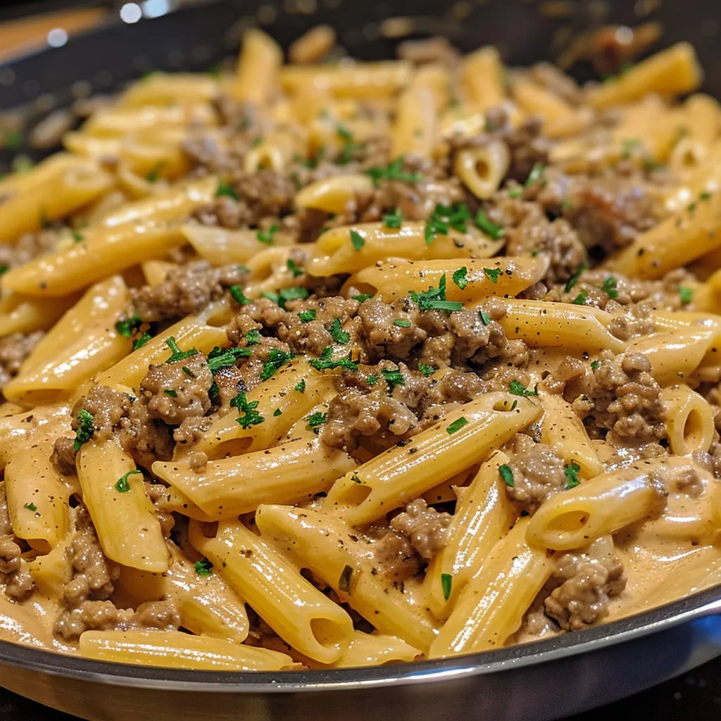 Side angle of Stovetop Creamy Ground Beef Pasta with visible ingredients.