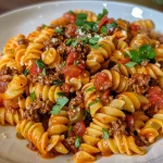 Close-up view of a creamy Taco Pasta in a bowl, garnished with cilantro and tortilla chips.