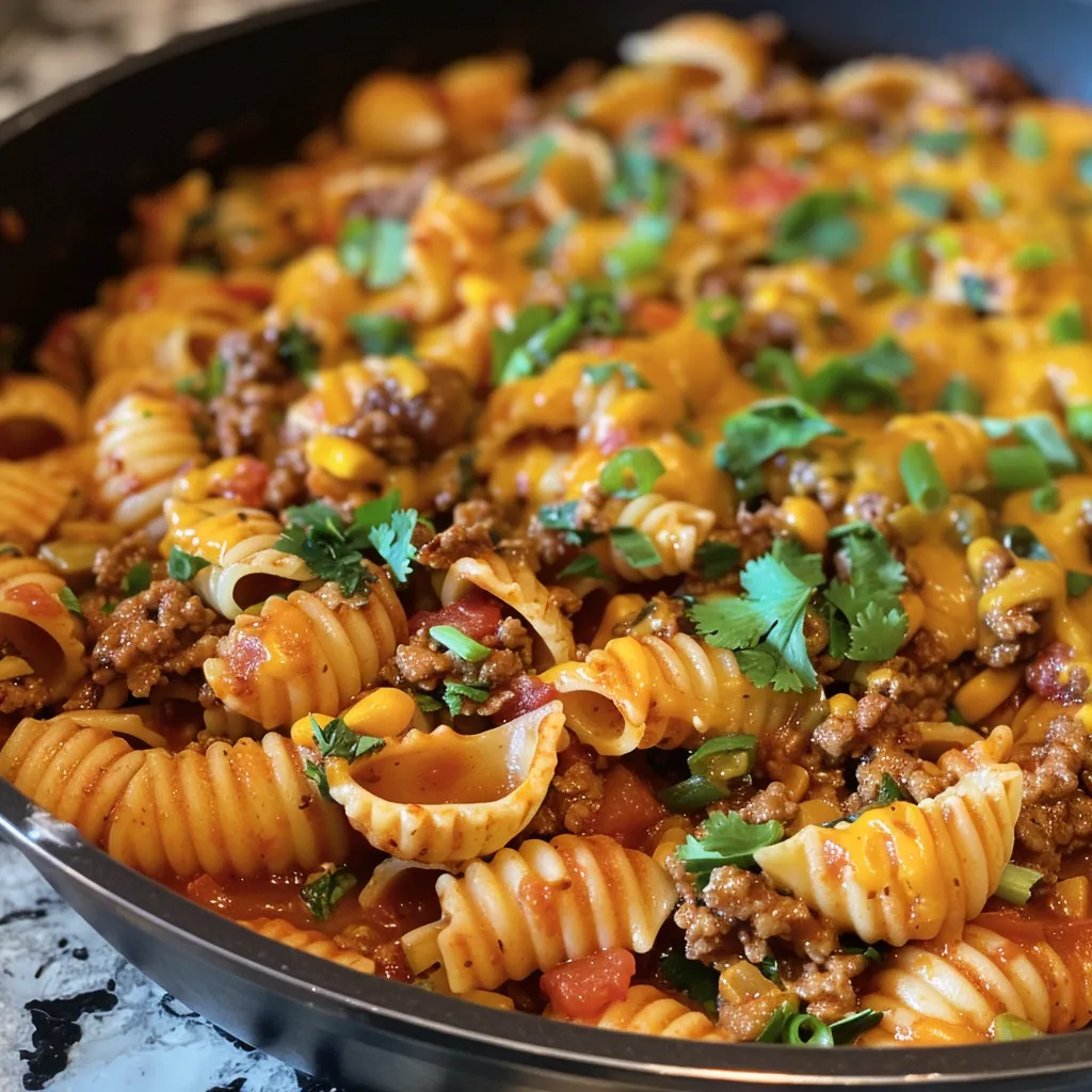 Side view of Taco Pasta with melted cheese and colorful tomatoes, served in a rustic dish.