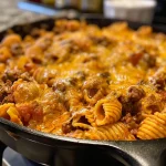 A close-up view of a bowl of Taco Pasta, showcasing creamy cheese and pasta shells.