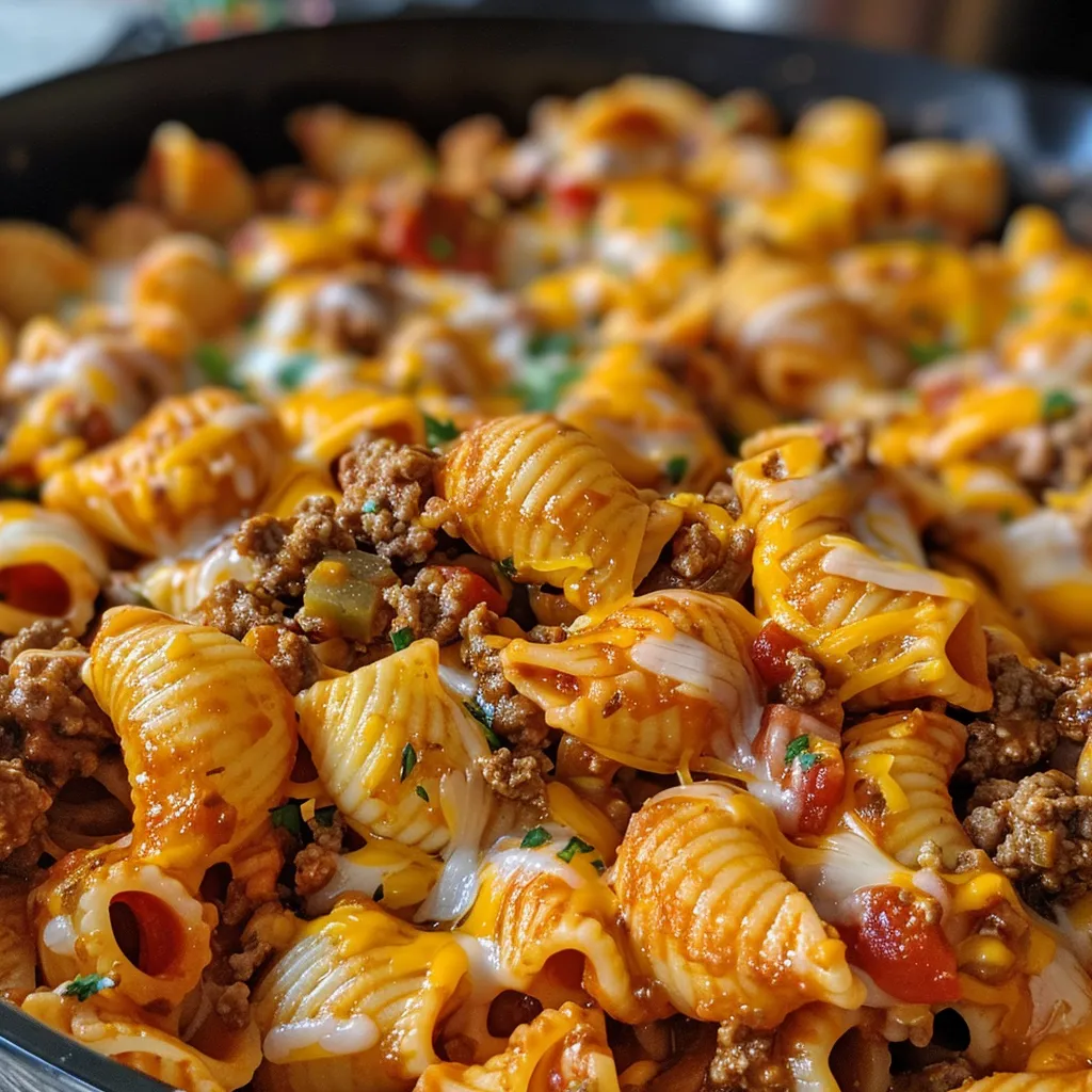 Juicy Taco Pasta in a bowl, featuring melted cheeses and colorful ingredients.