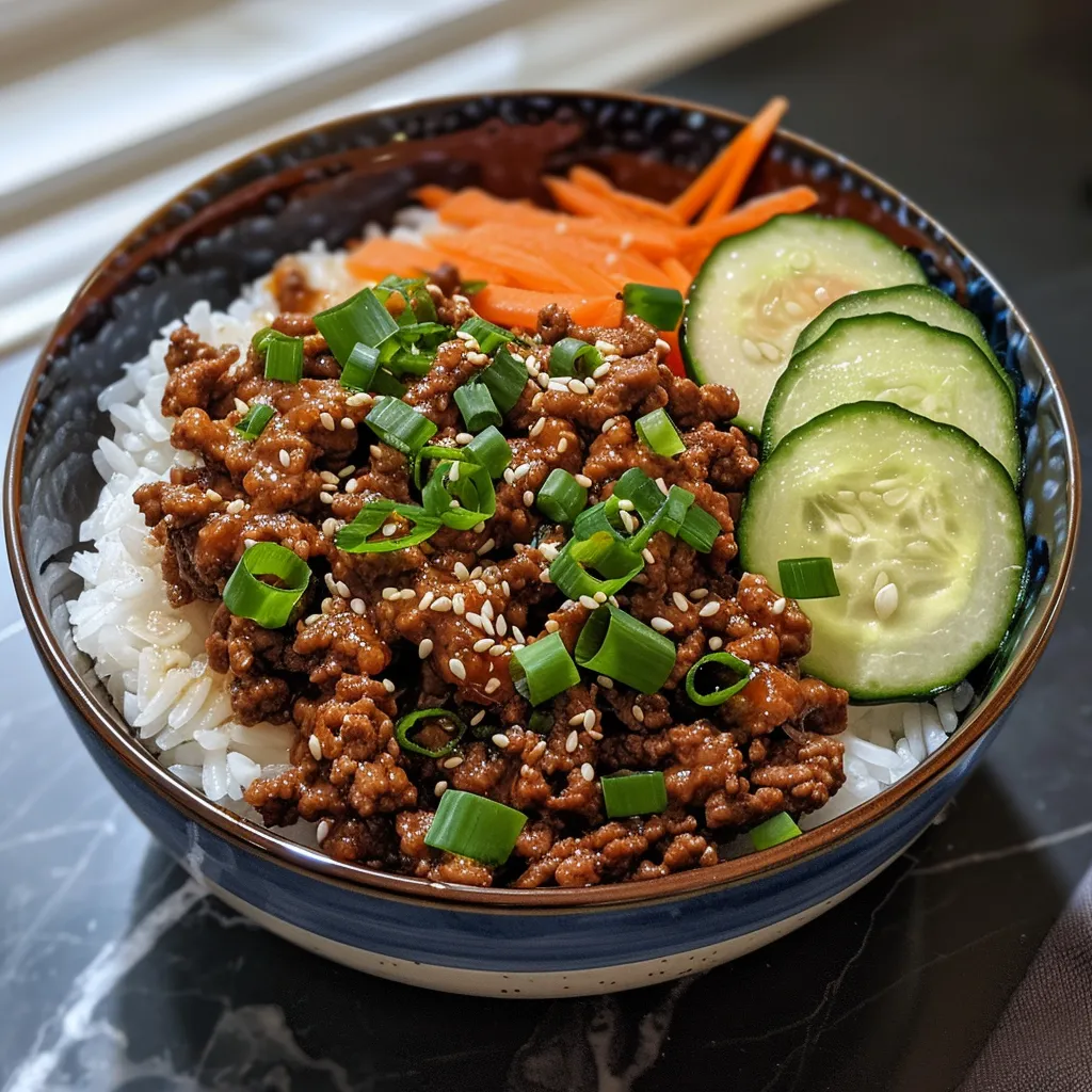 Side view of a delicious Teriyaki Beef Mince and Rice Bowl with bright green onions and sesame seeds.