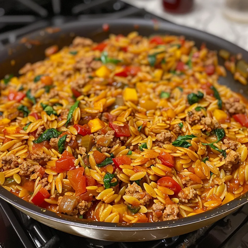Side view photo of a delicious plate of Tomato Ground Turkey Orzo.