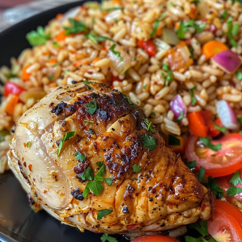 Side view of a serving of turkey combo rice showcasing juicy turkey and vibrant ingredients.