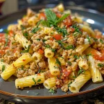 Close-up view of Turkish pasta dish with ground turkey, featuring a rich sauce and herbs.