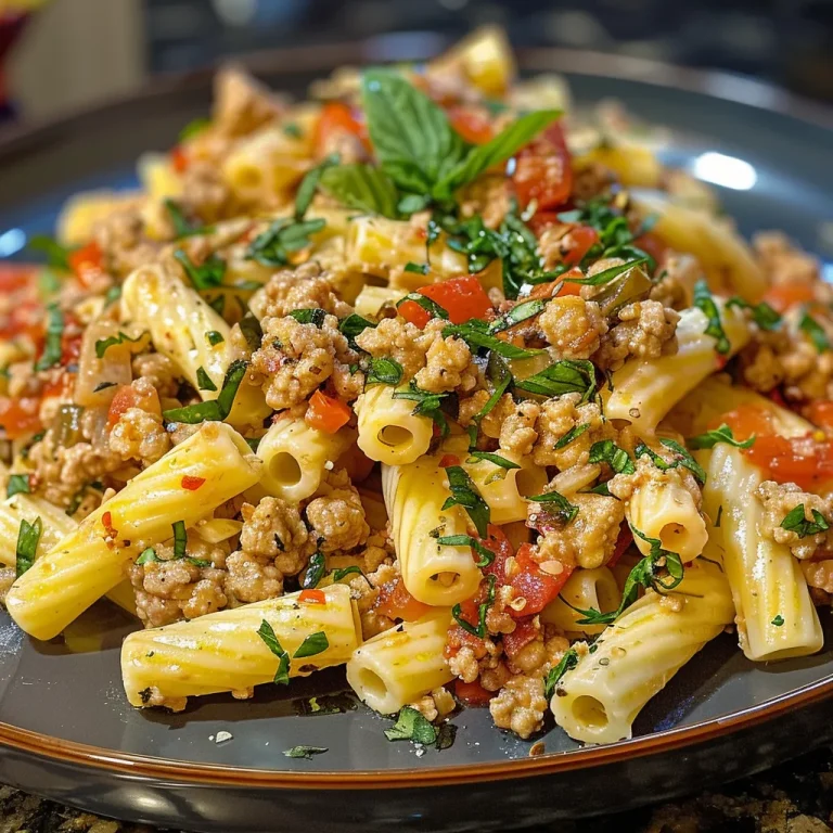 Close-up view of Turkish pasta dish with ground turkey, featuring a rich sauce and herbs.
