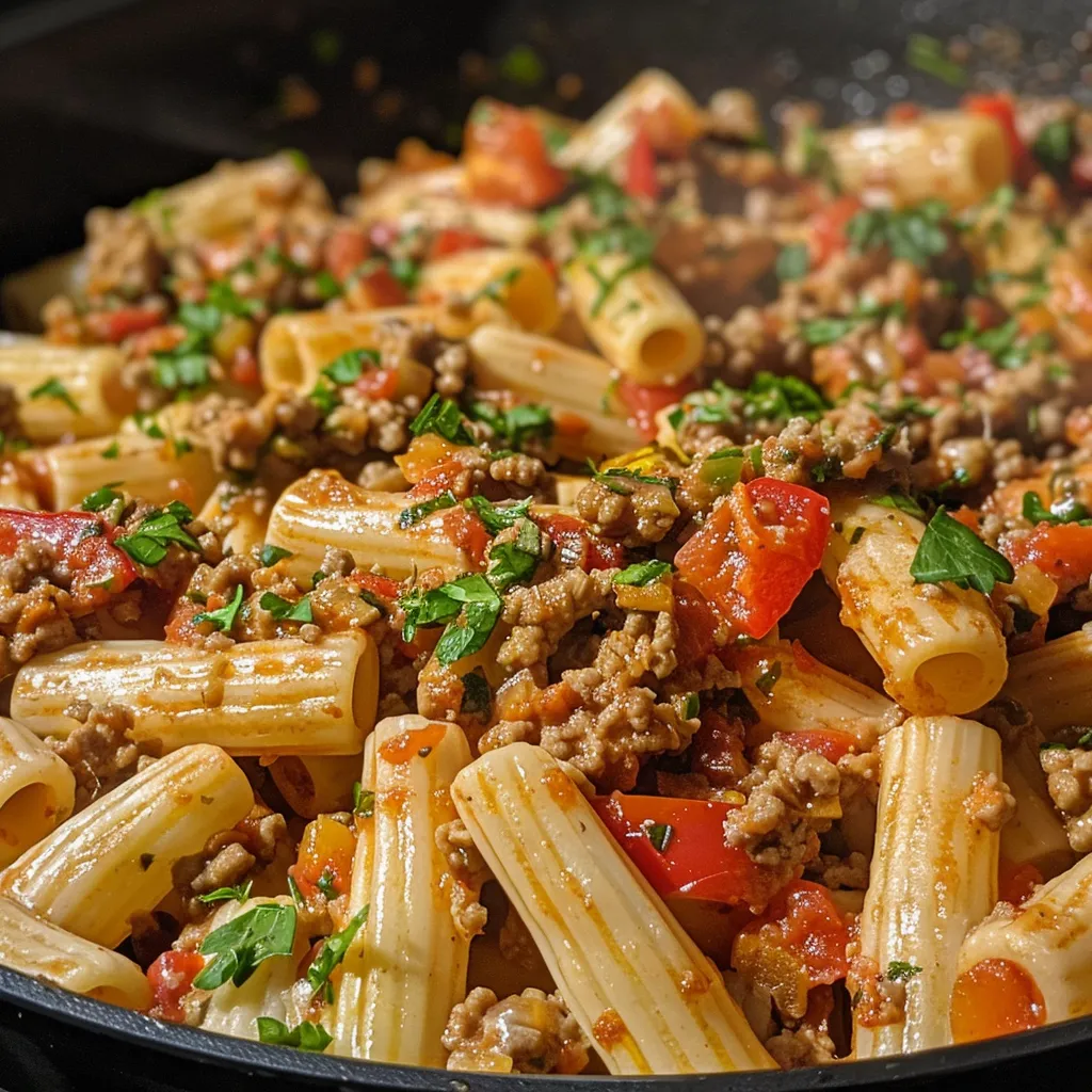 Juicy Turkish pasta with ground turkey, garnished and displayed in a rustic bowl.