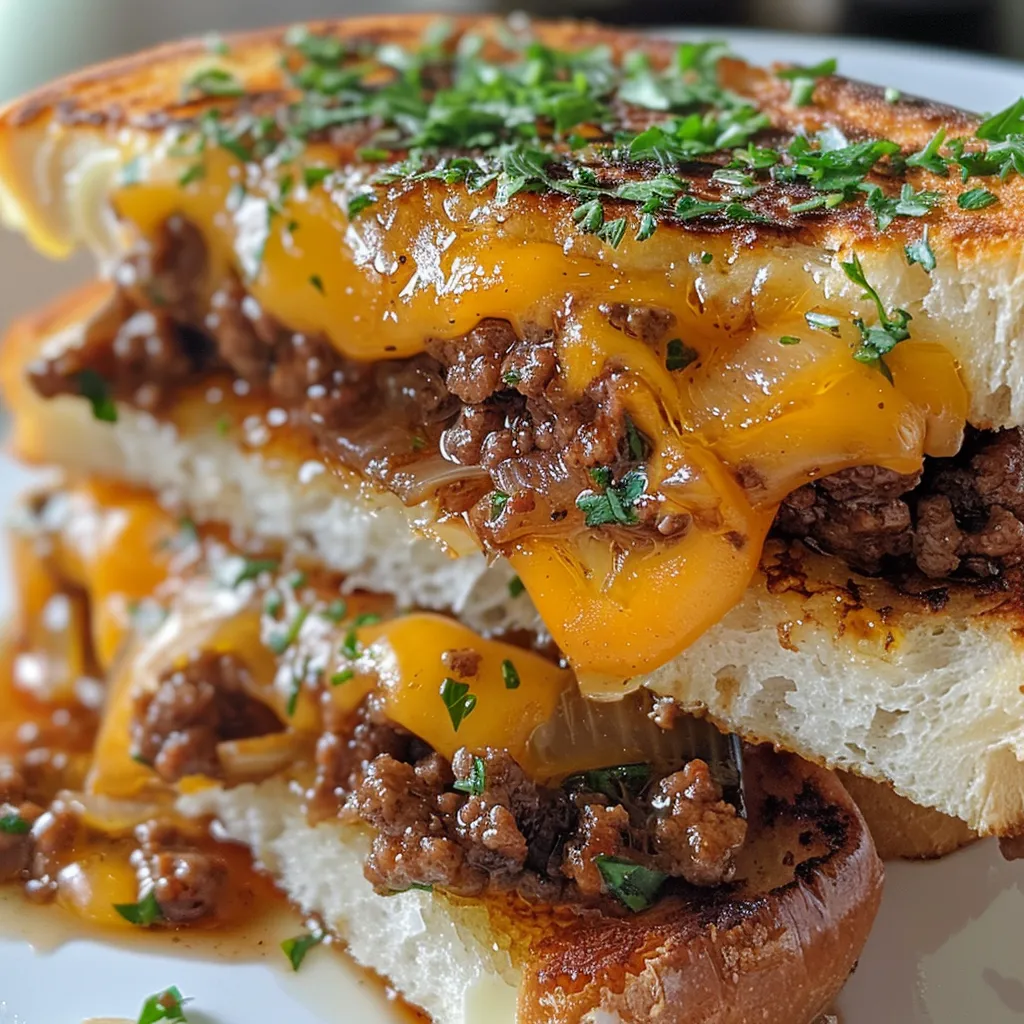 Close-up of a cheesy ground beef melt with melted cheese.