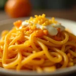 Close-up of a creamy orange pasta dish topped with parsley against a soft, blurred background.