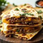 Close-up of cheesy ground beef quesadillas with melted cheese and colorful vegetables.