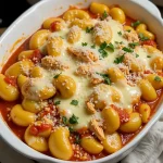 Close-up of a baked chicken parmesan gnocchi casserole with melted cheese on top.