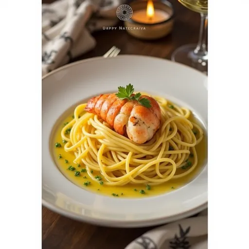 A Luxurious Love Letter on a Plate: Butter Poached Lobster Pasta Close-up of a luxurious Butter Poached Lobster Pasta dish with vibrant herbs and creamy sauce.