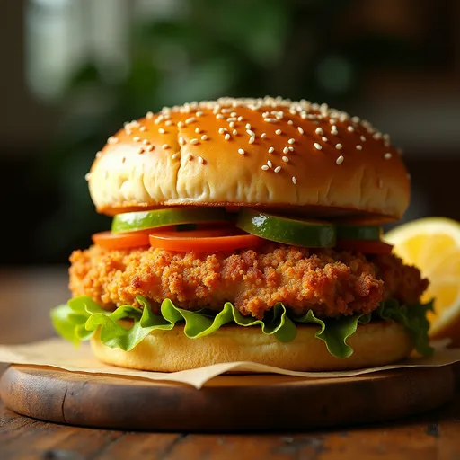 Bite Into Bliss: The Crispy Lemon Pepper Chicken Sandwich That Turns Lunchtime into a Celebration Close-up of a crispy lemon pepper chicken sandwich with fresh lettuce and tomato.